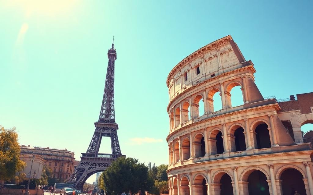 Torre Eiffel e Coliseu representando destinos na Europa